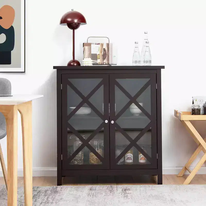 Costway Credenza da Cucina con Ante in Vetro e Ripiano Regolabile Bianco/Marrone