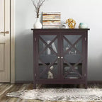 Costway Credenza da Cucina con Ante in Vetro e Ripiano Regolabile Bianco/Marrone
