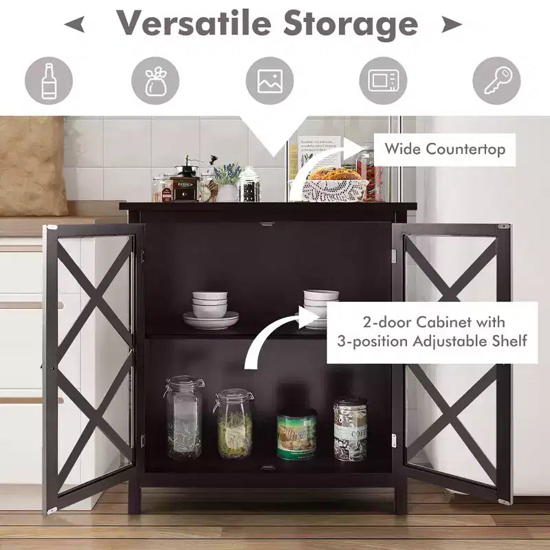 Costway Credenza da Cucina con Ante in Vetro e Ripiano Regolabile Bianco/Marrone