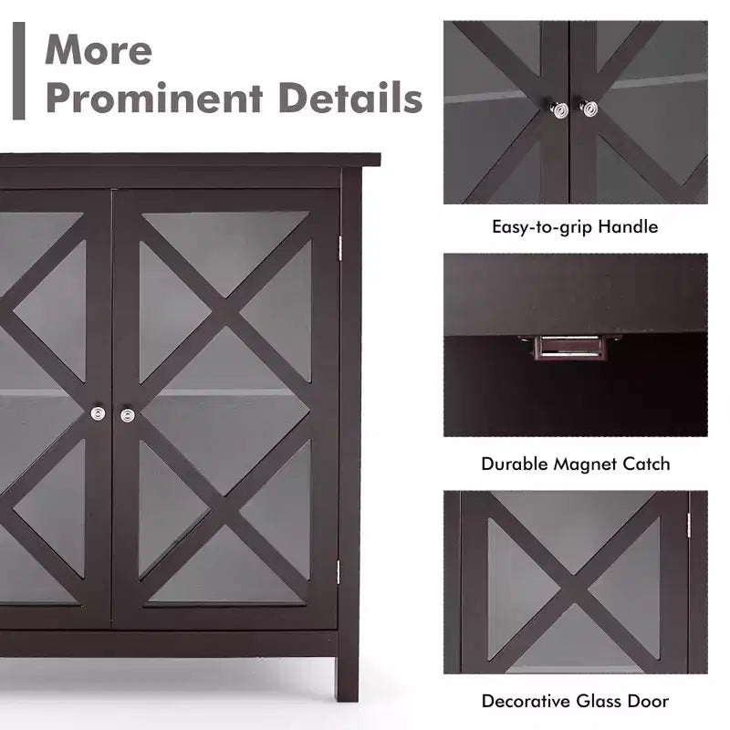 Costway Credenza da Cucina con Ante in Vetro e Ripiano Regolabile Bianco/Marrone
