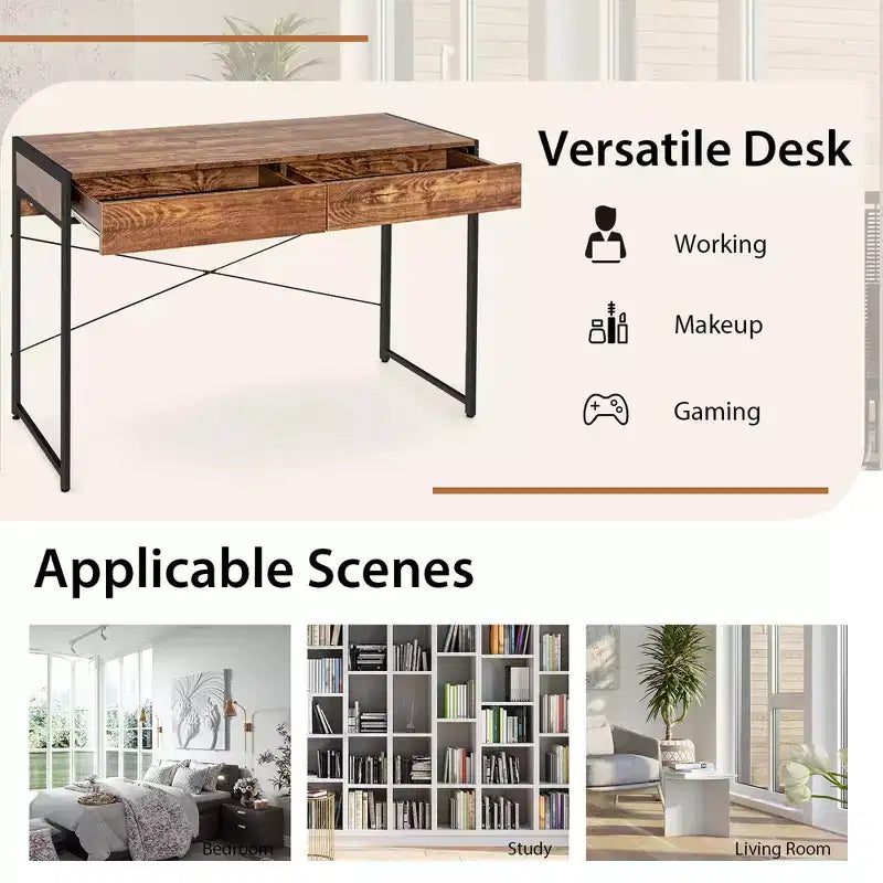 Costway Scrivania per computer con struttura in metallo, tavolo da studio, postazione di lavoro per ufficio domestico con 2 cassetti