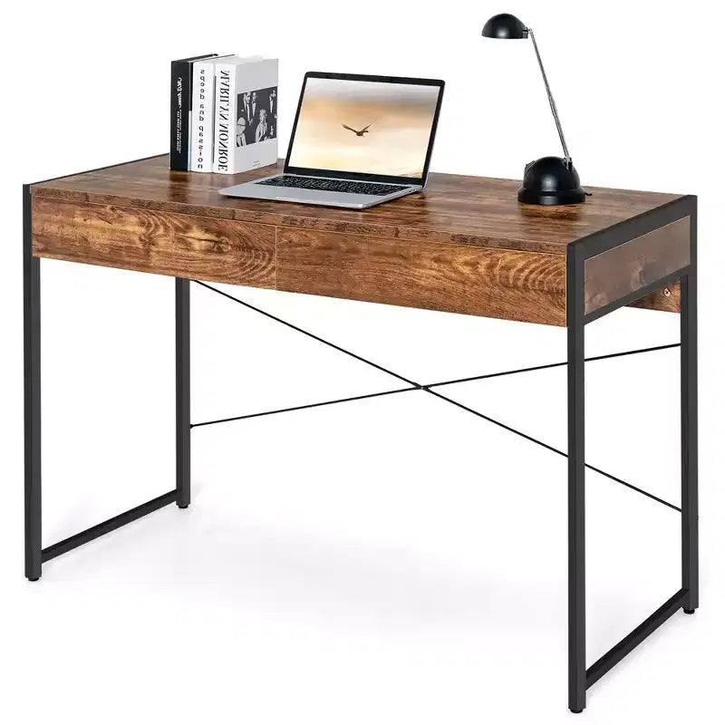 Costway Scrivania per computer con struttura in metallo, tavolo da studio, postazione di lavoro per ufficio domestico con 2 cassetti