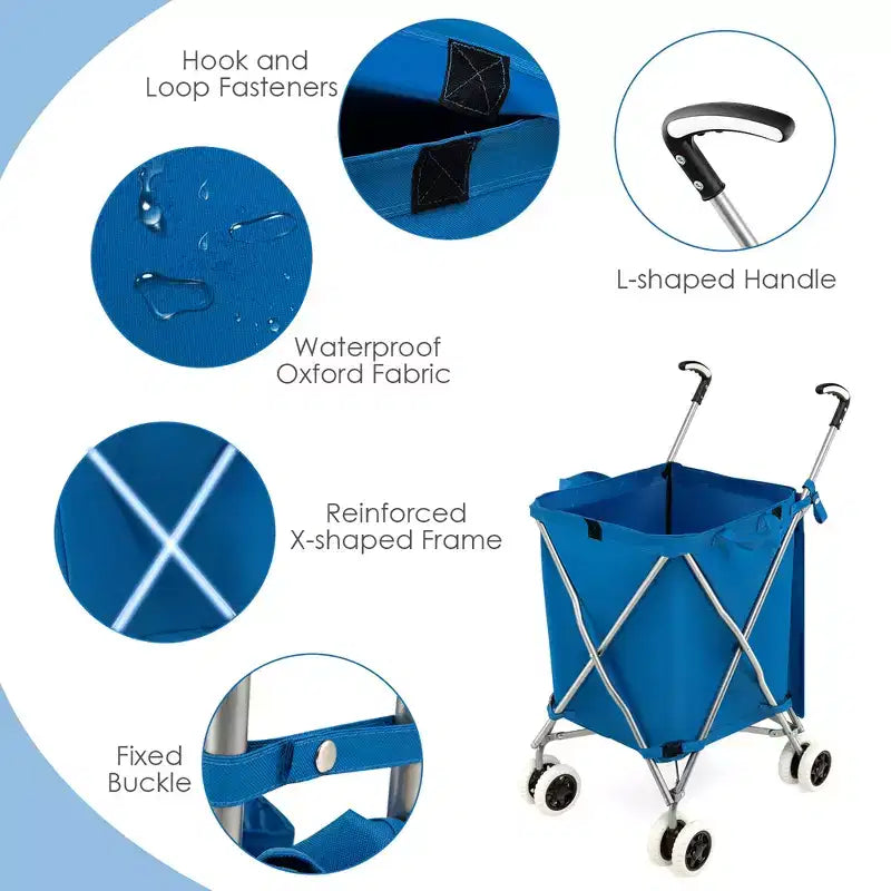 Carrello della spesa pieghevole Costway con borsa in tela impermeabile rimovibile, nero/blu