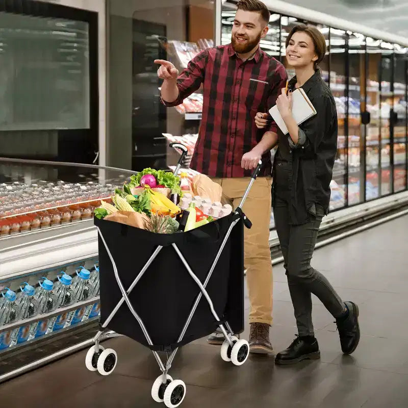 Carrello della spesa pieghevole Costway con borsa in tela impermeabile rimovibile, nero/blu