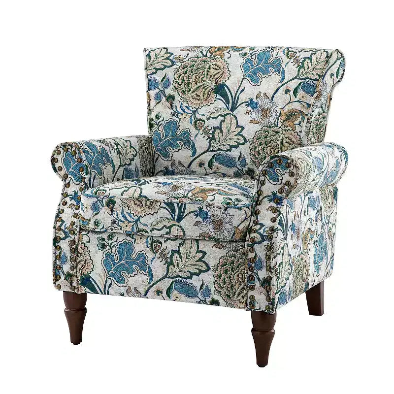 Poltrona Araceli Tradizionale in Legno Imbottita Floreale con Schienale Alto e Borchie | ART OF LIVING DESIGNS
