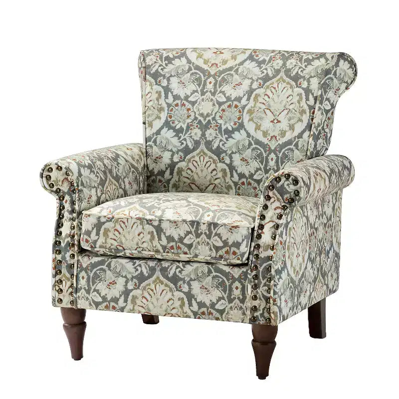 Poltrona Araceli Tradizionale in Legno Imbottita Floreale con Schienale Alto e Borchie | ART OF LIVING DESIGNS