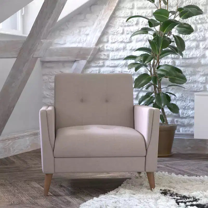 Flash Furniture Conrad poltrona moderna commerciale di metà secolo con rivestimento in finta biancheria trapuntata e gambe in legno massello
