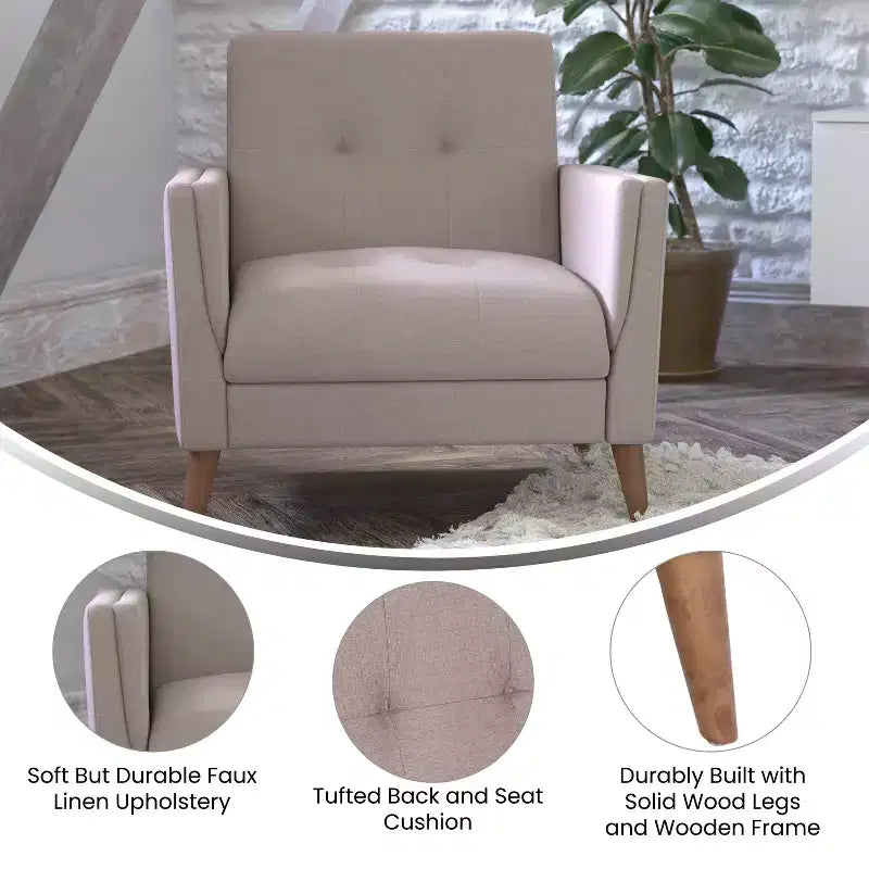 Flash Furniture Conrad poltrona moderna commerciale di metà secolo con rivestimento in finta biancheria trapuntata e gambe in legno massello