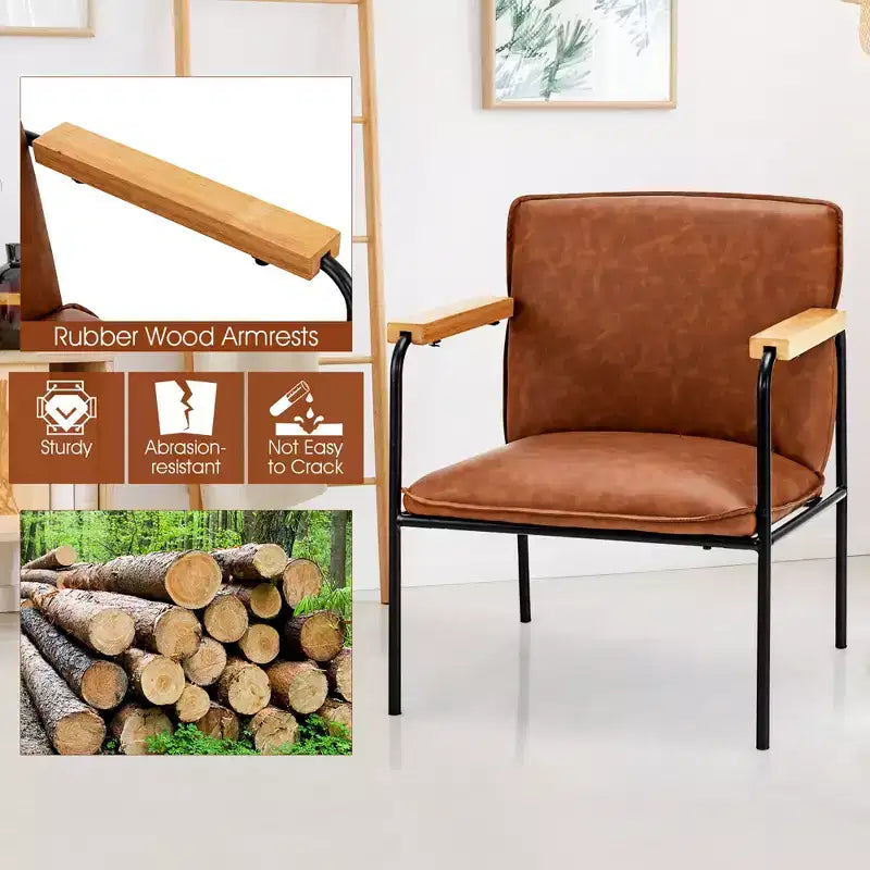 Poltrona moderna Costway con braccioli in pelle PU e braccioli in legno di caucciù per soggiorno