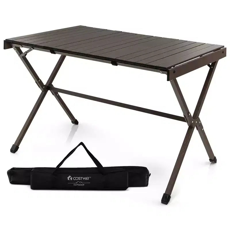 Costway 4-6 Person Portable Aluminum Camping Table Lightweight Roll Up Table Grey/Brown