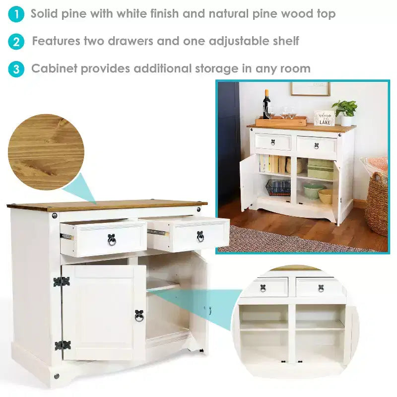 Sunnydaze Mobile Dispensa da Cucina con 2 Cassetti e 2 Ante – Struttura in Legno Massello di Pino – Bianco