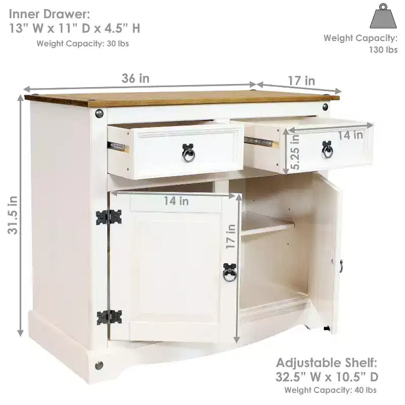 Sunnydaze Mobile Dispensa da Cucina con 2 Cassetti e 2 Ante – Struttura in Legno Massello di Pino – Bianco