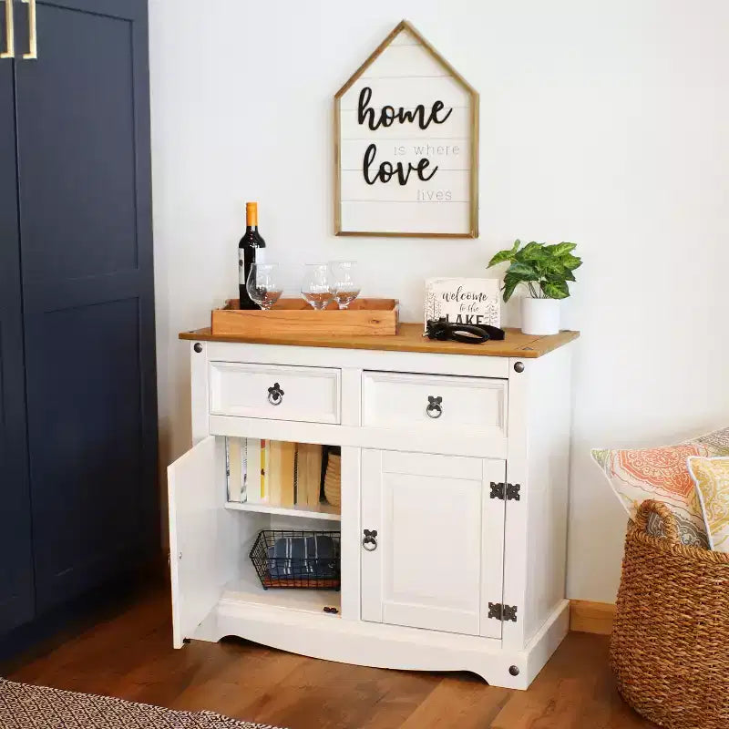 Sunnydaze Mobile Dispensa da Cucina con 2 Cassetti e 2 Ante – Struttura in Legno Massello di Pino – Bianco