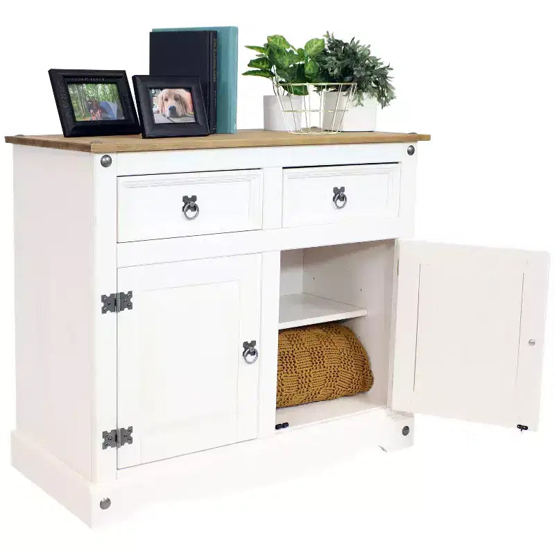 Sunnydaze Mobile Dispensa da Cucina con 2 Cassetti e 2 Ante – Struttura in Legno Massello di Pino – Bianco