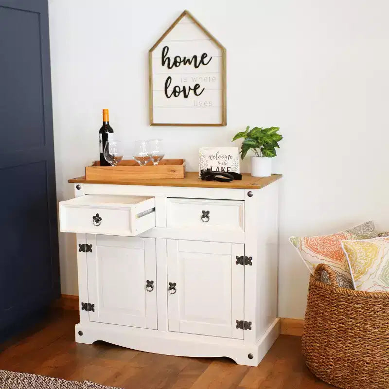 Sunnydaze Mobile Dispensa da Cucina con 2 Cassetti e 2 Ante – Struttura in Legno Massello di Pino – Bianco