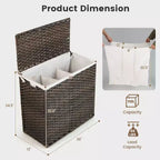 Cesto portabiancheria Costway 110L a 3 sezioni con coperchio e maniglia in rattan PE con sacca interna