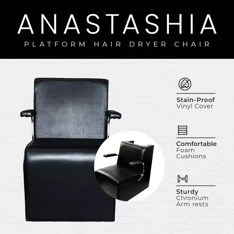 PureSana Chromium Anastasia Poltrona Professionale in Vinile per Asciugacapelli con Apertura sullo Schienale per Sistemi di Asciugatura dei Capelli e Maniglie in Acciaio, Nera