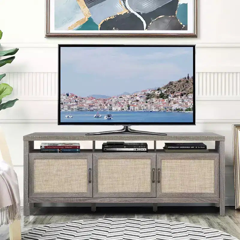 Mobile porta TV Costway, centro multimediale per TV fino a 65'' con ante in rattan