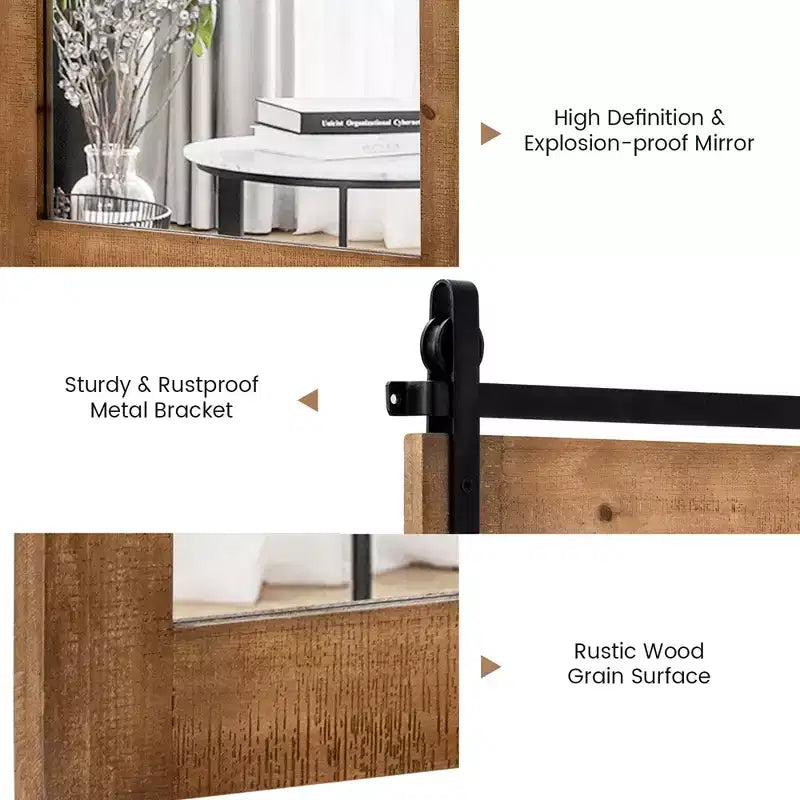 Costway Specchio da Parete 30''x22'' Specchio da Trucco Cornice in Legno Stile Porta da Fienile Marrone