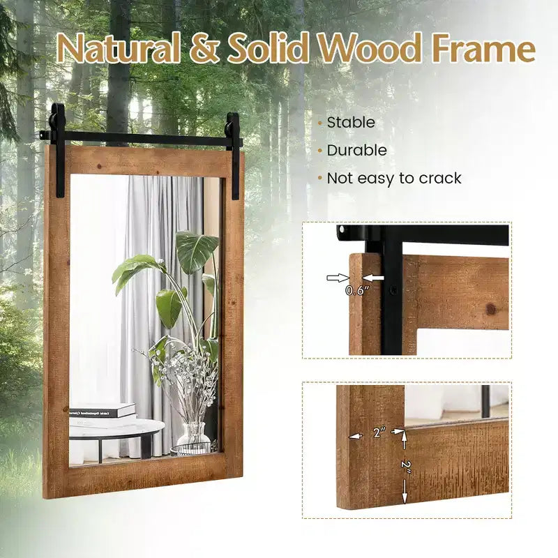 Costway Specchio da Parete 30''x22'' Specchio da Trucco Cornice in Legno Stile Porta da Fienile Marrone