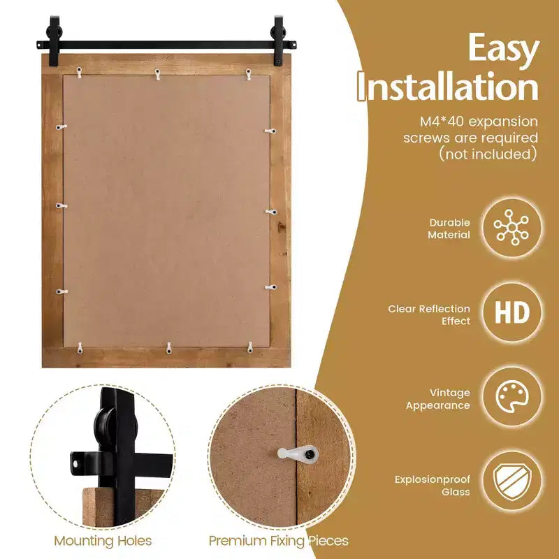 Costway Specchio da Parete 30''x22'' Specchio da Trucco Cornice in Legno Stile Porta da Fienile Marrone
