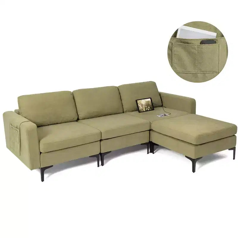 Divano componibile a L a 3 posti Costway con chaise longue reversibile e 2 porte USB