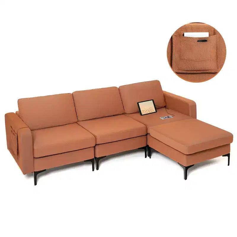 Divano componibile a L a 3 posti Costway con chaise longue reversibile e 2 porte USB