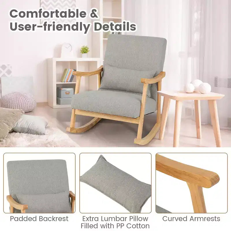 Costway Set di 2 Sedie a Dondolo con Cuscino, Poltrone a Dondolo con Struttura in Legno di Caucciù Grigio