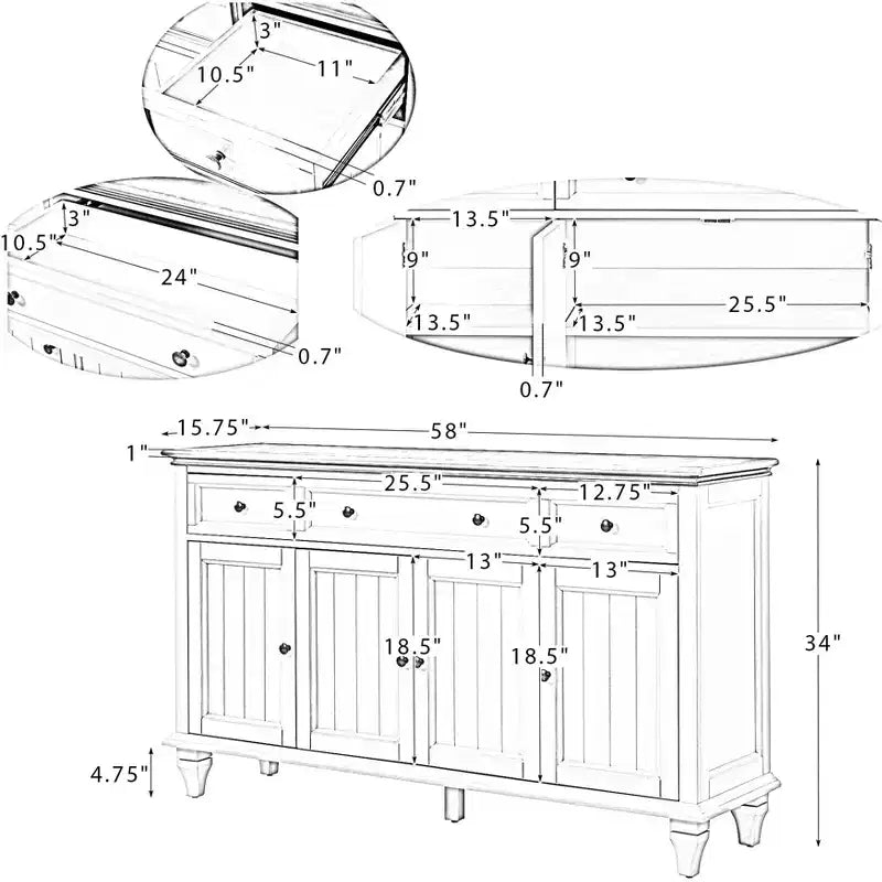 Credenza tradizionale Rick a 3 cassetti larga 58'' con gambe in legno massello | KARAT HOME