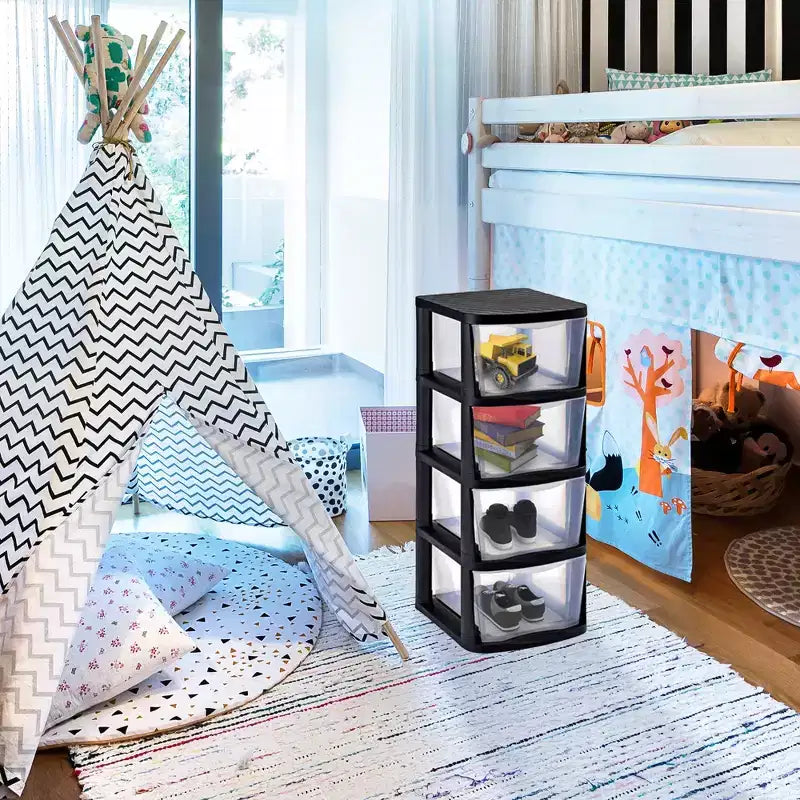 Juggernaut Storage Torre Portaoggetti con 4 Cassetti Trasparenti e Struttura Nera