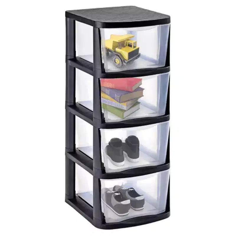 Juggernaut Storage Torre Portaoggetti con 4 Cassetti Trasparenti e Struttura Nera