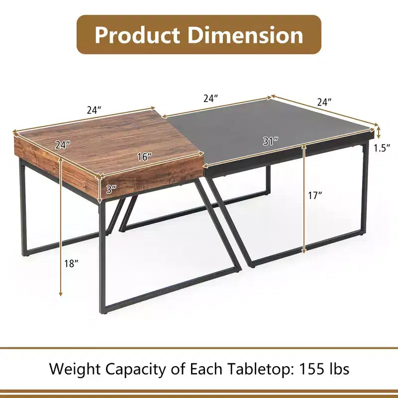 Tavolini da Caffè Moderni Costway, Set da 2 Tavolini Impilabili per Salotto