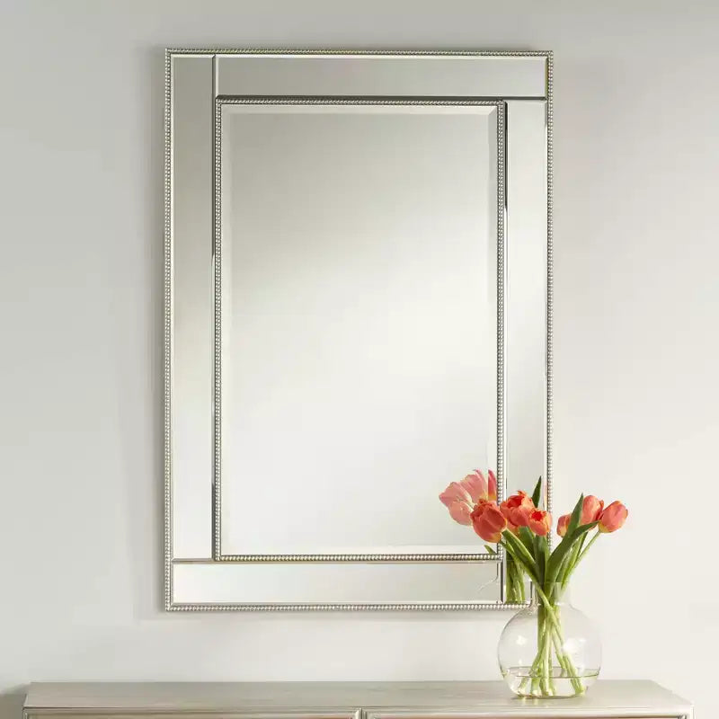 Noble Park Specchio decorativo da parete rettangolare, moderno, con bordo smussato, cornice perline color champagne, 68,5 cm di larghezza, per bagno, camera da letto, soggiorno, ufficio