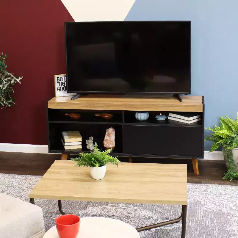 Sunnydaze Mobile TV con Mobiletto e Ripiani, Moderno Metà Secolo, per TV fino a 58 pollici