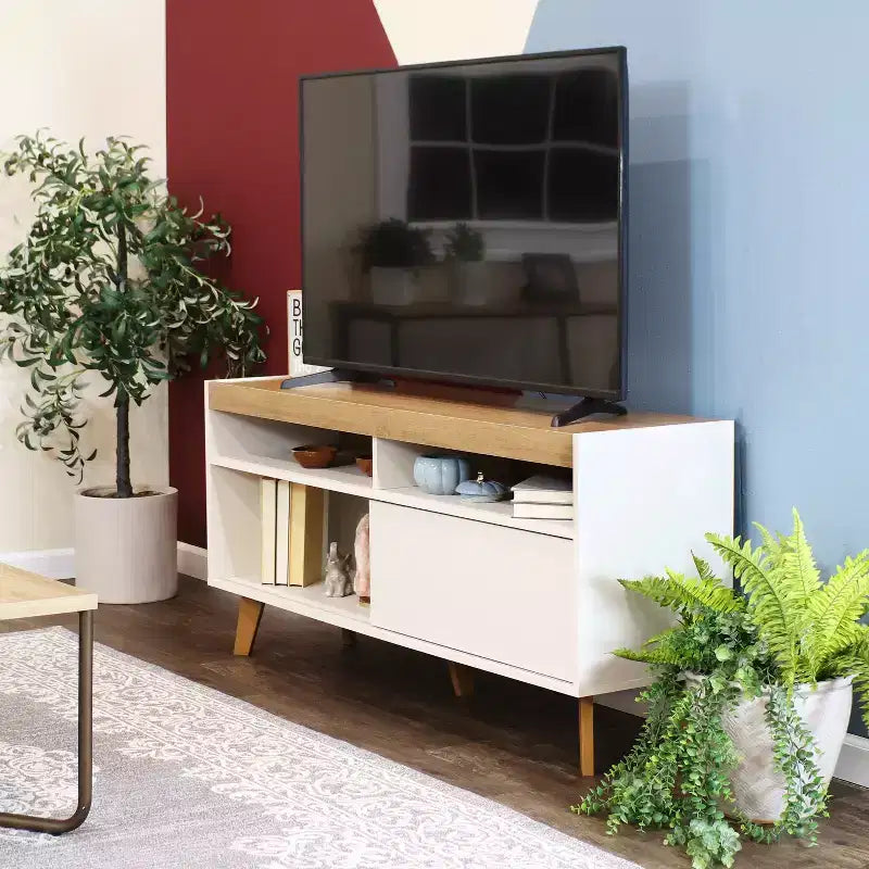 Sunnydaze Mobile TV con Mobiletto e Ripiani, Moderno Metà Secolo, per TV fino a 58 pollici