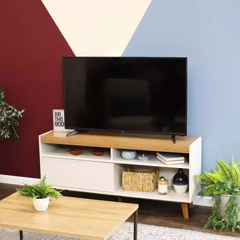 Sunnydaze Mobile TV con Mobiletto e Ripiani, Moderno Metà Secolo, per TV fino a 58 pollici
