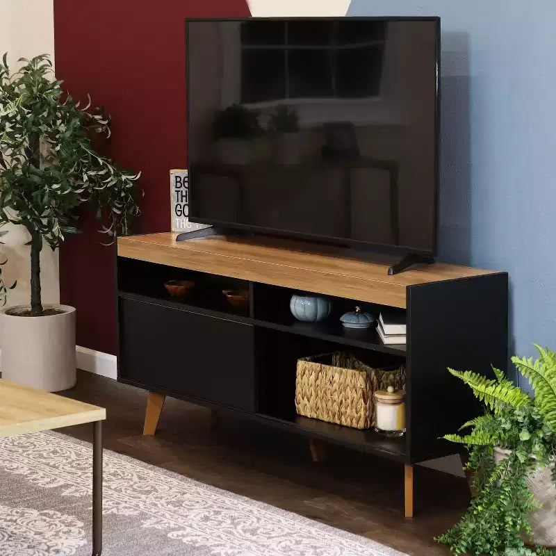 Sunnydaze Mobile TV con Mobiletto e Ripiani, Moderno Metà Secolo, per TV fino a 58 pollici