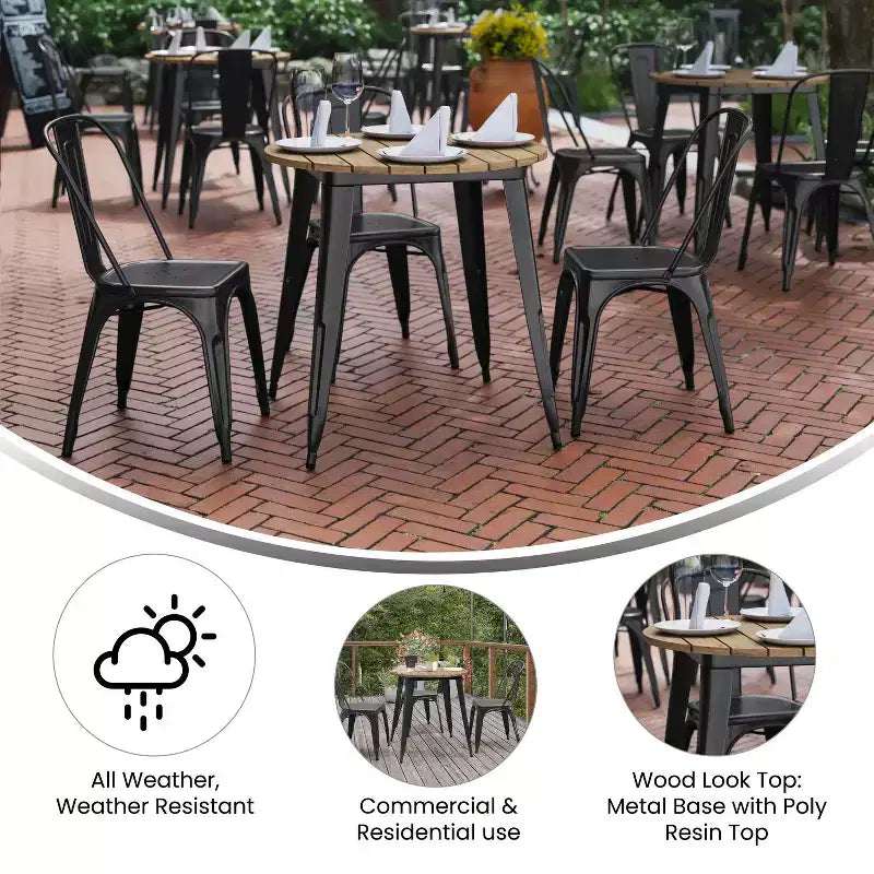 Flash Furniture Declan, Tavolo da Pranzo per Interni/Esterni per Uso Commerciale, Piano Rotondo in Poliresina per Tutte le Stagioni da 76 cm con Base in Acciaio