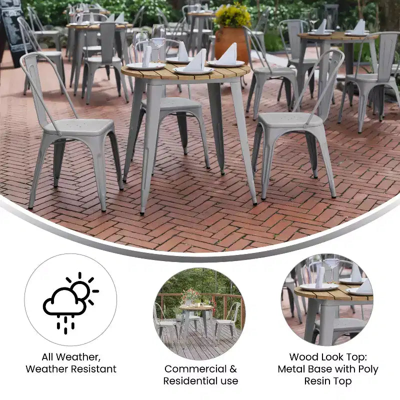Flash Furniture Declan, Tavolo da Pranzo per Interni/Esterni per Uso Commerciale, Piano Rotondo in Poliresina per Tutte le Stagioni da 76 cm con Base in Acciaio