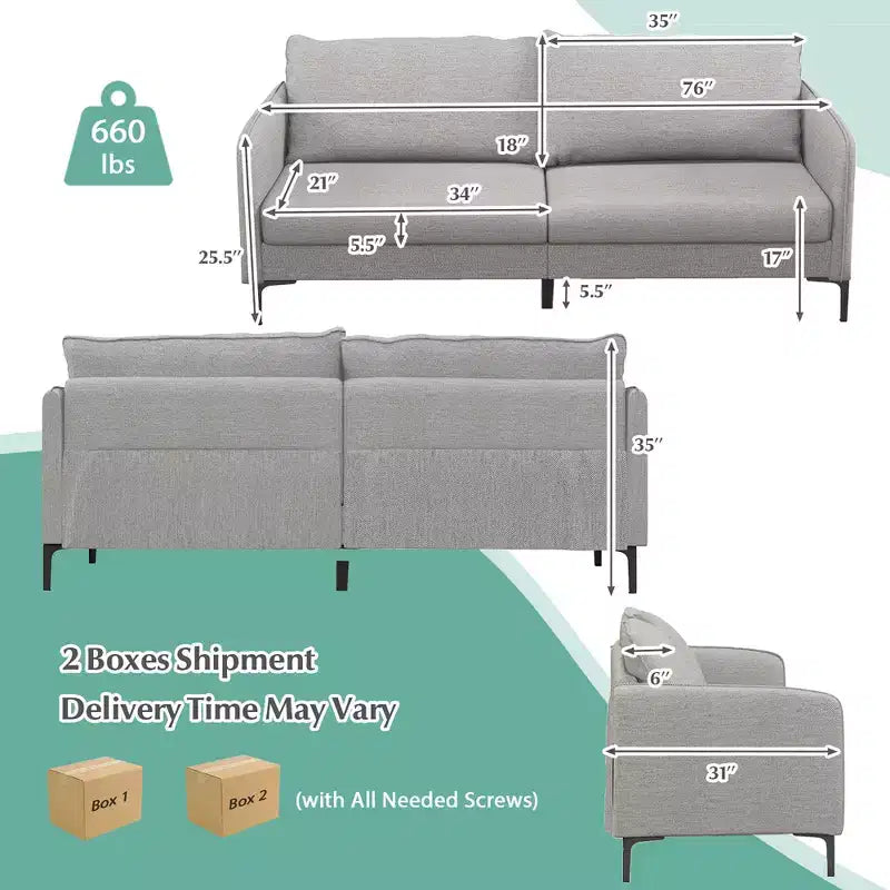 Costway Divano a 2 Posti Moderno 76'' per Soggiorno Appartamento Dormitorio con Gambe in Metallo Grigio
