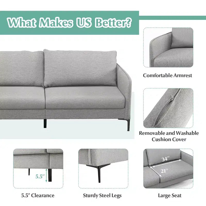 Costway Divano a 2 Posti Moderno 76'' per Soggiorno Appartamento Dormitorio con Gambe in Metallo Grigio