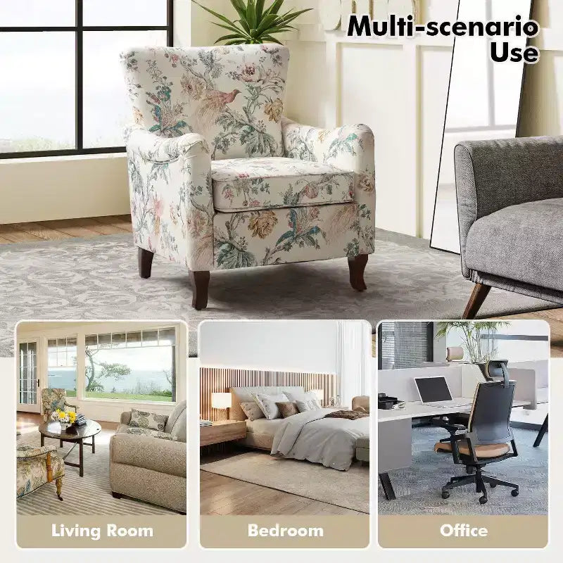 Poltrona Vincent imbottita in legno con motivo in tessuto e design a orecchioni per camera da letto | ART OF LIVING DESIGNS