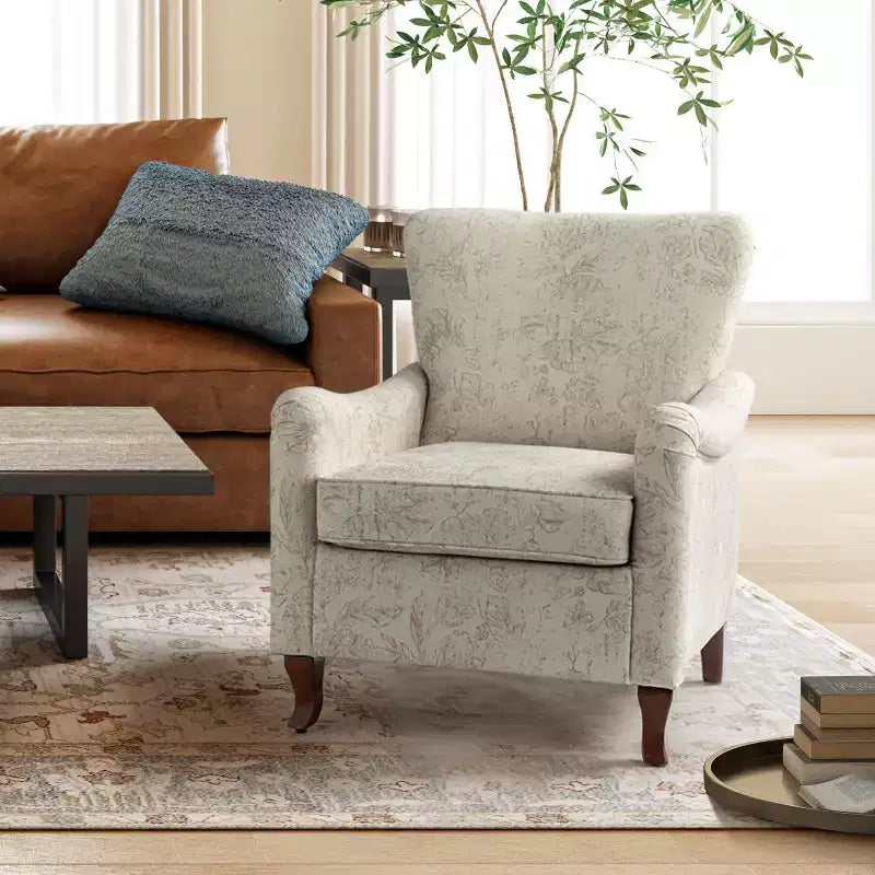 Poltrona Vincent imbottita in legno con motivo in tessuto e design a orecchioni per camera da letto | ART OF LIVING DESIGNS