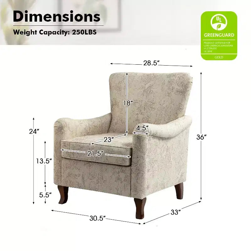 Poltrona Vincent imbottita in legno con motivo in tessuto e design a orecchioni per camera da letto | ART OF LIVING DESIGNS