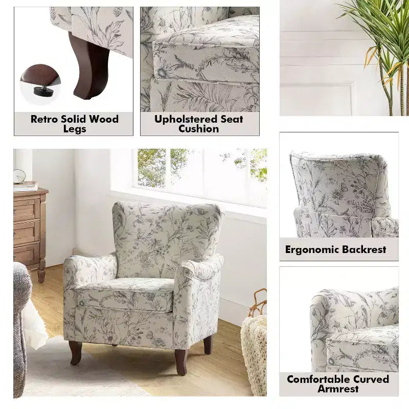 Poltrona Vincent imbottita in legno con motivo in tessuto e design a orecchioni per camera da letto | ART OF LIVING DESIGNS