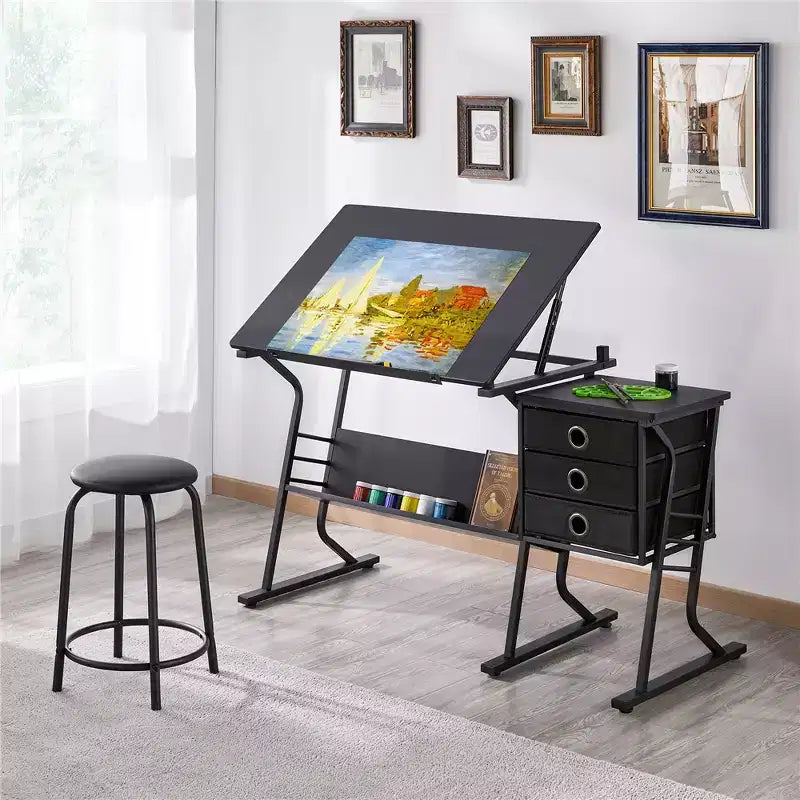 Yaheetech Tavolo da Disegno Regolabile e Set Sgabello Nero