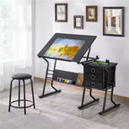 Yaheetech Tavolo da Disegno Regolabile e Set Sgabello Nero