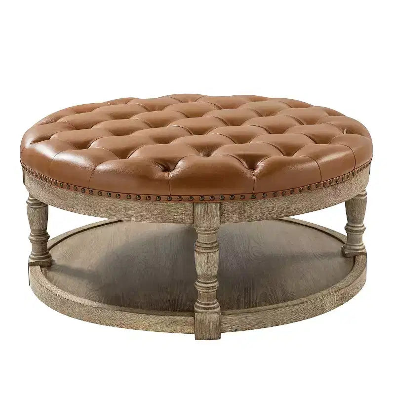 Chloe Vegan Leather Round Cocktail Ottoman with Storage and Nailhead| ART OF LIVING DESIGNS