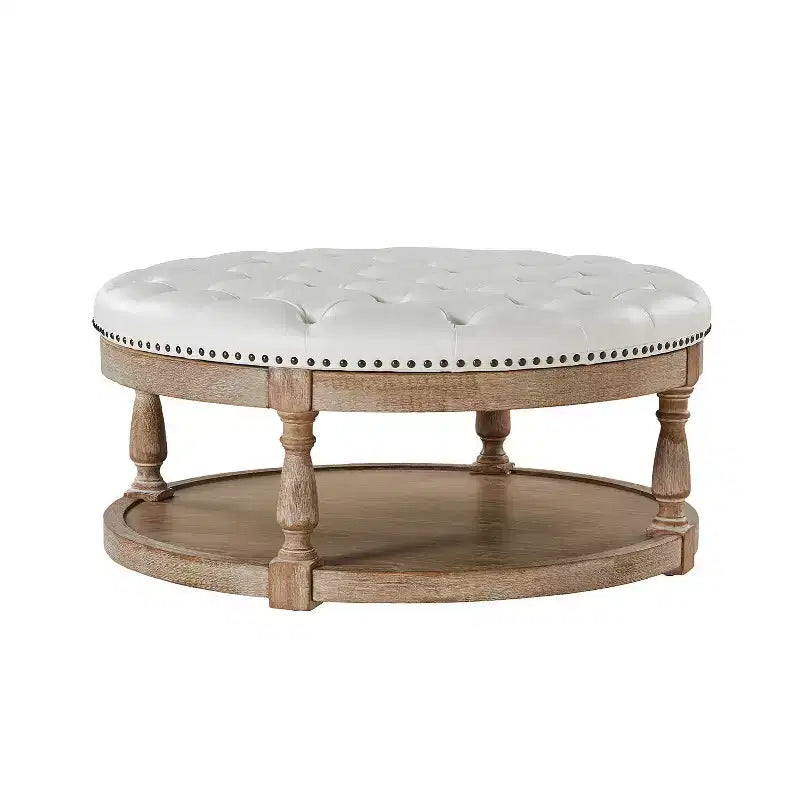 Pouf rotondo Chloe in pelle vegana con contenitore e borchie | ART OF LIVING DESIGNS