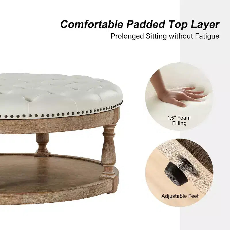 Pouf rotondo Chloe in pelle vegana con contenitore e borchie | ART OF LIVING DESIGNS